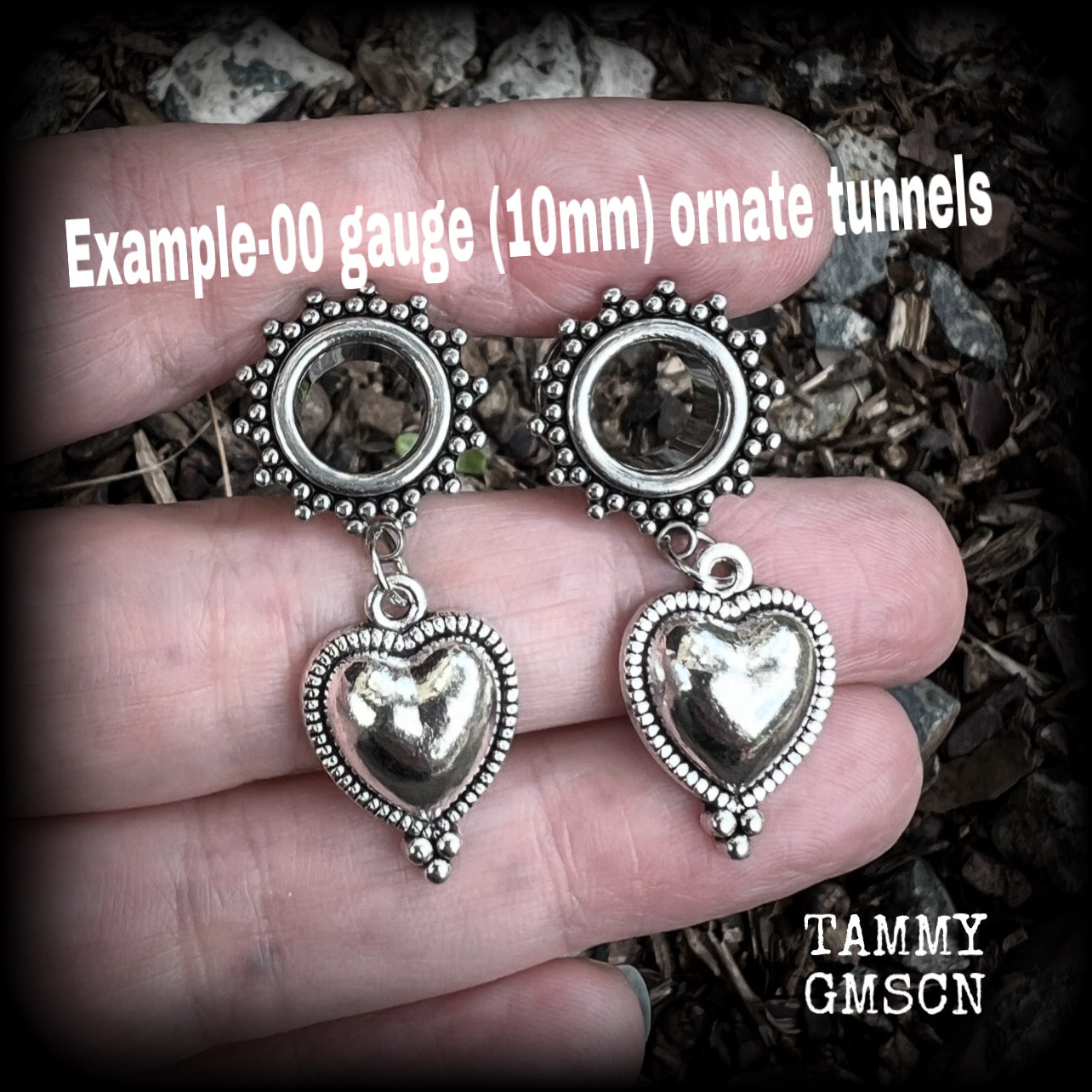 Silver heart tunnel earrings-Folk art heart ear gauges