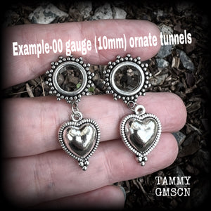 Silver heart tunnel earrings-Folk art heart ear gauges