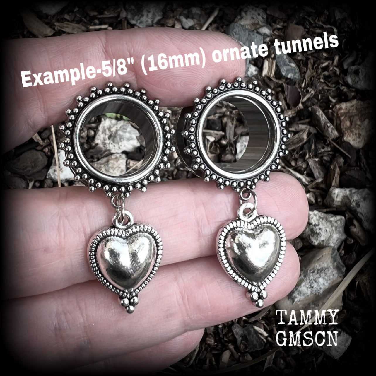 Silver heart tunnel earrings-Folk art heart ear gauges