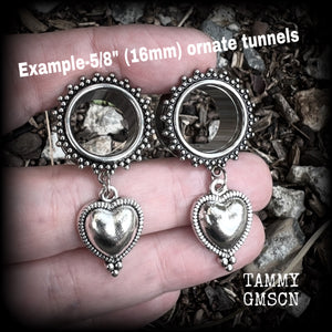 Silver heart tunnel earrings-Folk art heart ear gauges