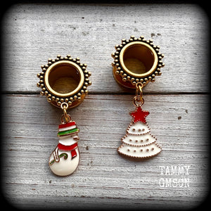 Festive tunnel earrings Christmas tunnels Snowman earrings Christmas tree decorations Stretched ears Stretched lobes Body jewelry Ear gauges Gauged earrings Gauged ears Baubles Christmas gifts 6mm 8mm 10mm 12mm 14mm 16mm 19mm 22mm 25mm 28mm 30mm