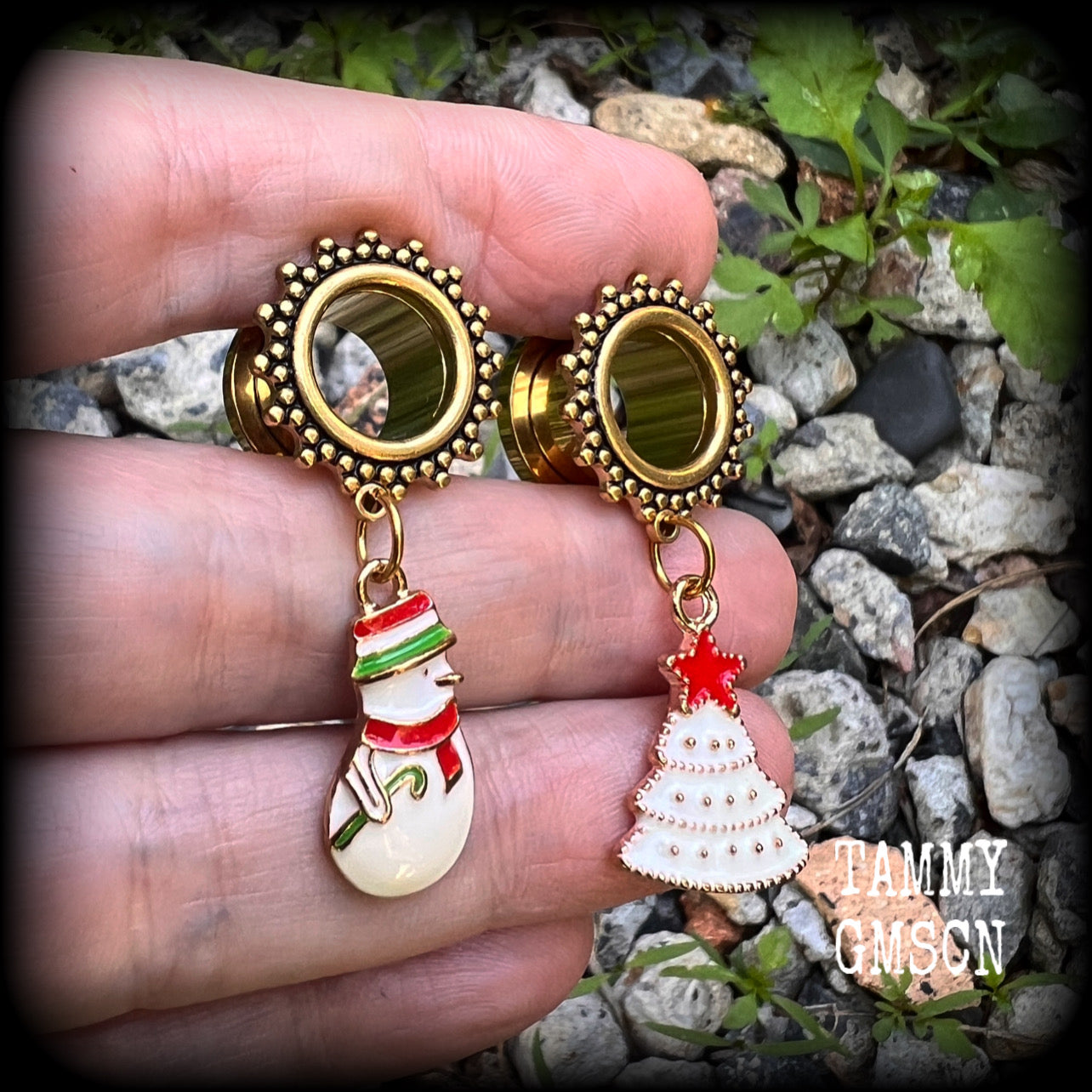 Festive tunnel earrings Christmas tunnels Snowman earrings Christmas tree decorations Stretched ears Stretched lobes Body jewelry Ear gauges Gauged earrings Gauged ears Baubles Christmas gifts 6mm 8mm 10mm 12mm 14mm 16mm 19mm 22mm 25mm 28mm 30mm