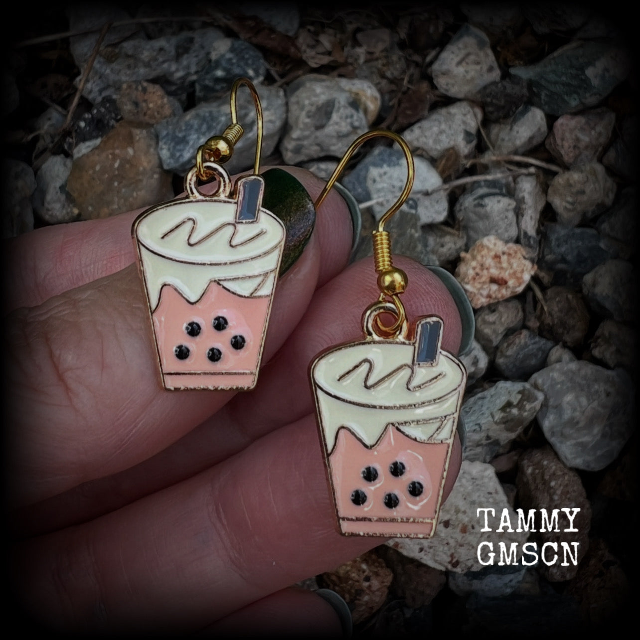 This pair of yummy earrings feature cute little bubble tea charms, measuring approx 4cms from tip to tip and weighing only a few grams each.  This pair have been made on antique gold french hooks, suitable for pierced ears.