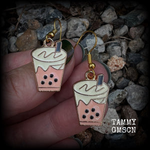 This pair of yummy earrings feature cute little bubble tea charms, measuring approx 4cms from tip to tip and weighing only a few grams each.  This pair have been made on antique gold french hooks, suitable for pierced ears.