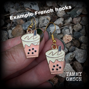 This pair of yummy earrings feature cute little bubble tea charms, measuring approx 4cms from tip to tip and weighing only a few grams each.  This pair have been made on antique gold french hooks, suitable for pierced ears.