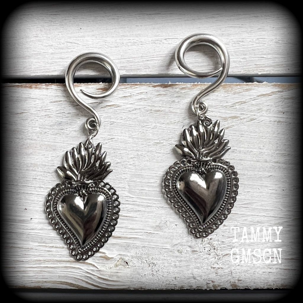 Gunmetal grey Sacred heart gauged earrings