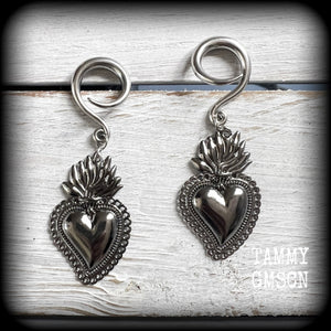Gunmetal grey Sacred heart gauged earrings