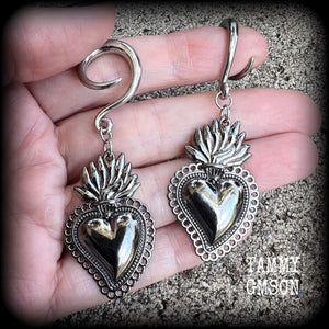 Gunmetal grey Sacred heart gauged earrings