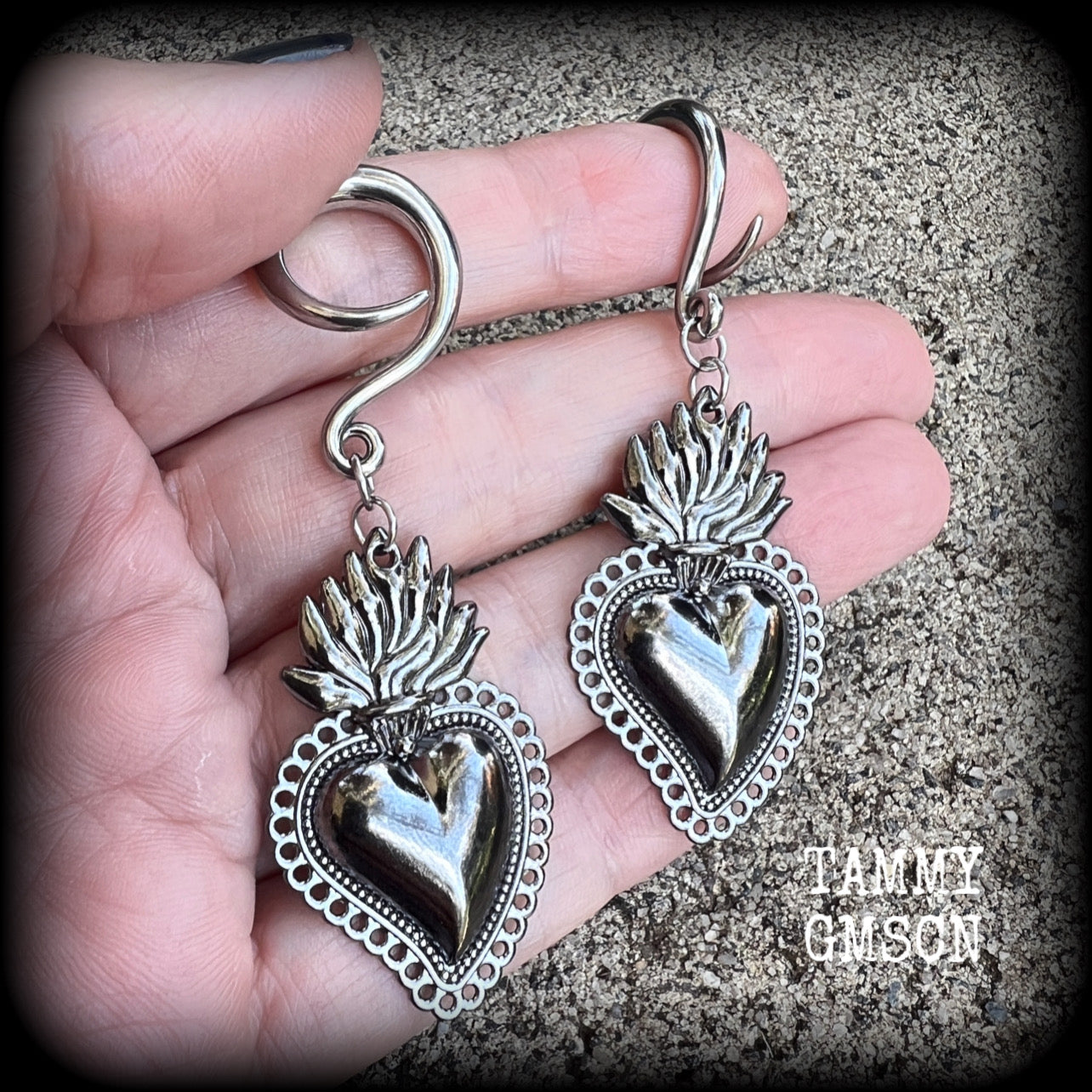 Gunmetal grey Sacred heart gauged earrings