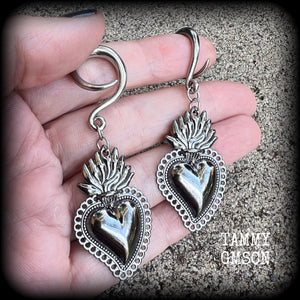 Gunmetal grey Sacred heart gauged earrings