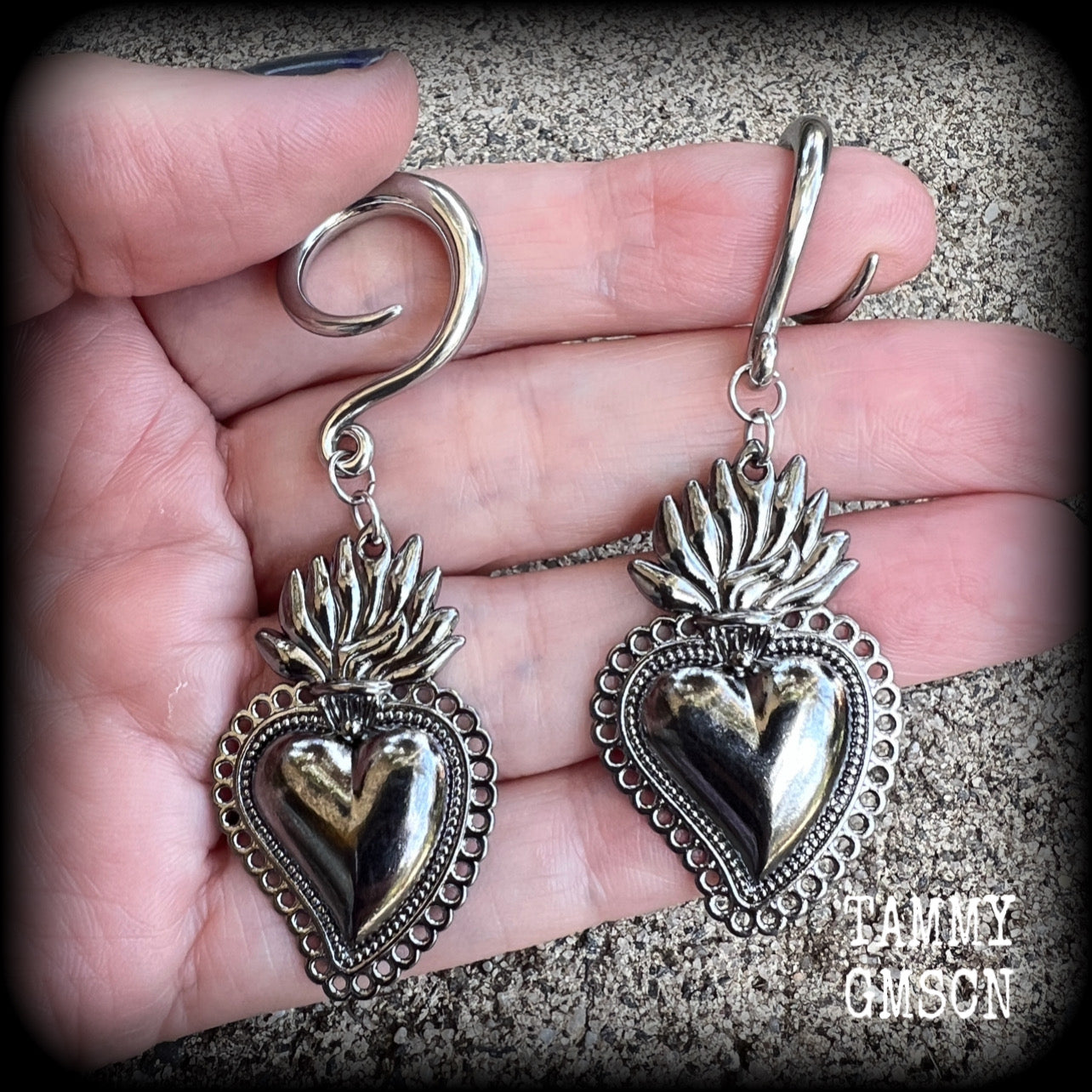 Gunmetal grey Sacred heart gauged earrings