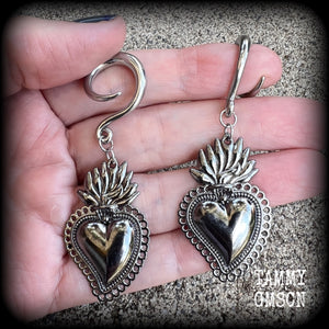 Gunmetal grey Sacred heart gauged earrings