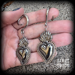 Gunmetal grey Sacred heart gauged earrings