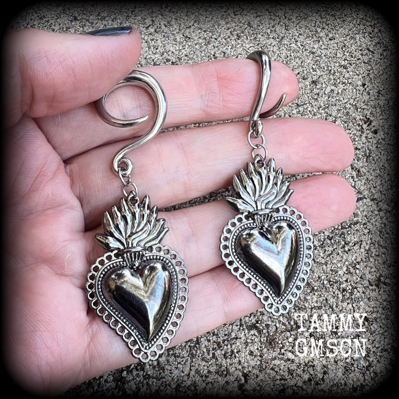 Gunmetal grey Sacred heart gauged earrings