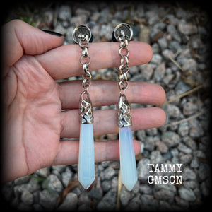 These gorgeous opalite earrings have been made with transluscent gemstone points, are nice and dangly measuring in at approx 10.5cms from tip to tip and not too heavy at 15 grams a piece. 

