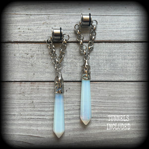 These gorgeous opalite earrings have been made with transluscent gemstone points, are nice and dangly measuring in at approx 10.5cms from tip to tip and not too heavy at 15 grams a piece. 
