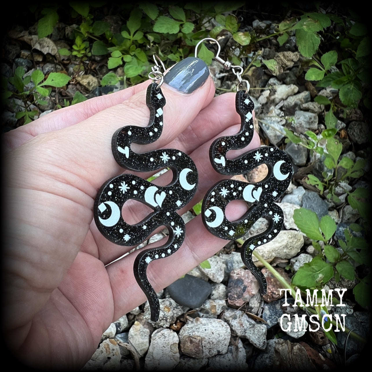 Black snake earrings-Celestial snake earrings
