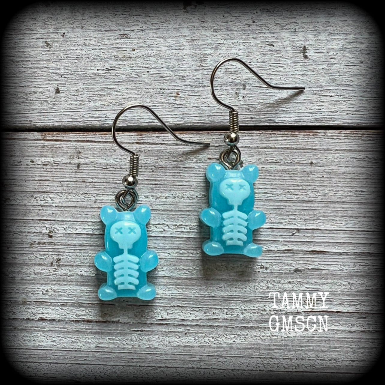 Blue skeleton gummy bear earrings-Halloween earrings