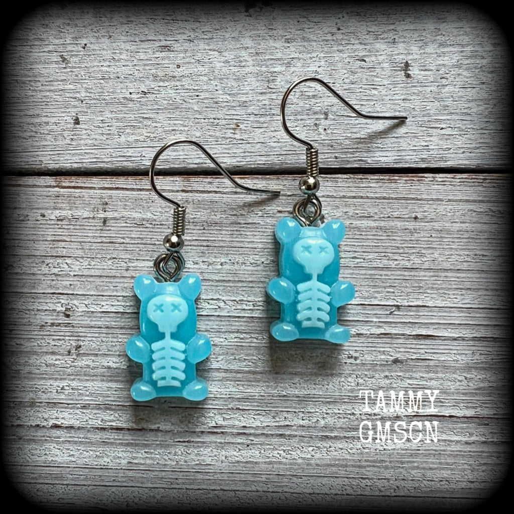 Blue skeleton gummy bear earrings-Halloween earrings