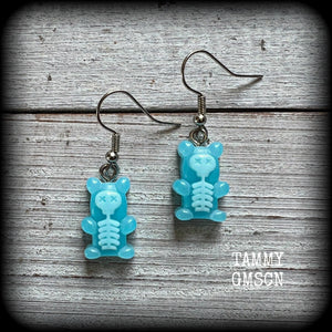 Blue skeleton gummy bear earrings-Halloween earrings