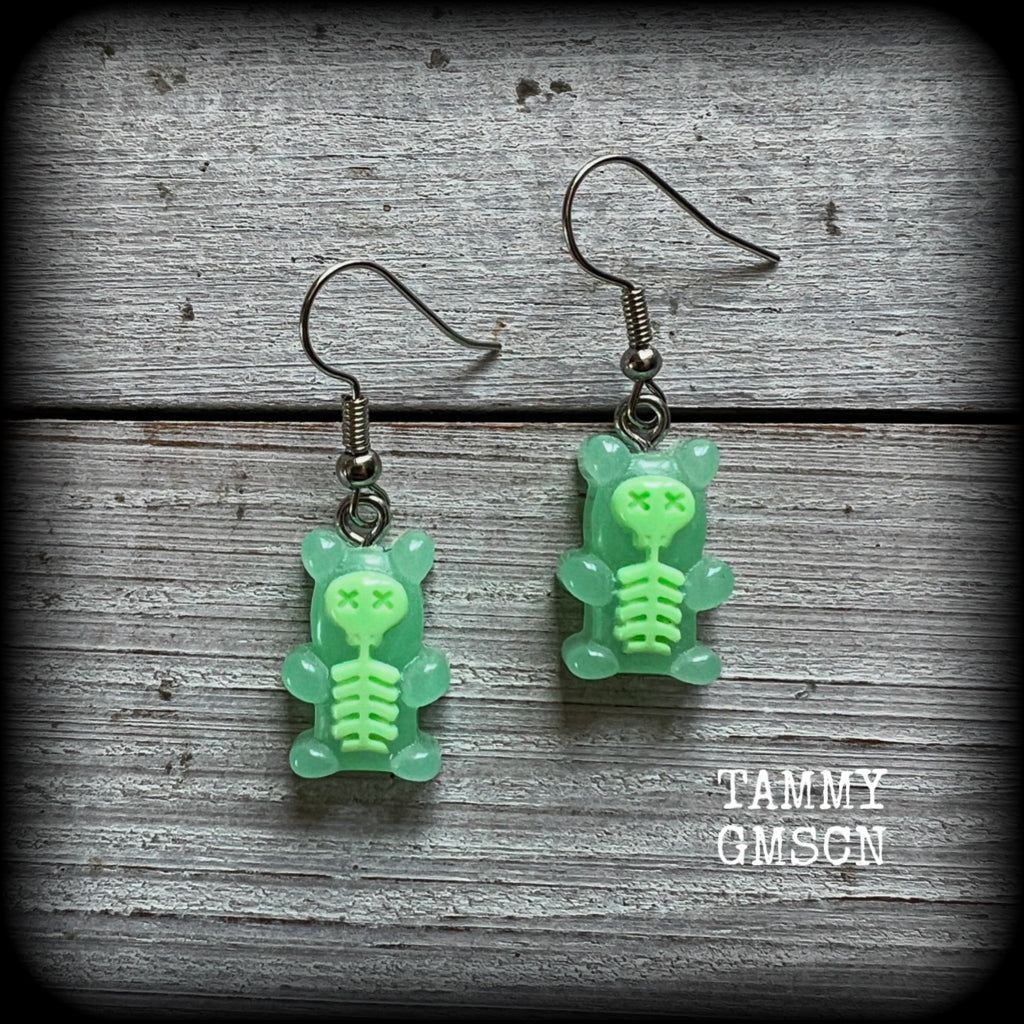 Green skeleton gummy bear earrings-Halloween earrings