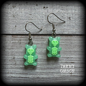 Green skeleton gummy bear earrings-Halloween earrings