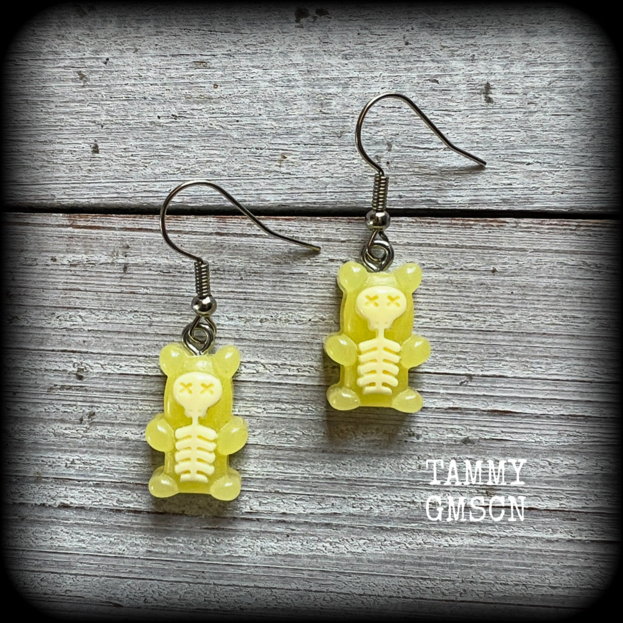 Yellow skeleton gummy bear earrings-Halloween earrings