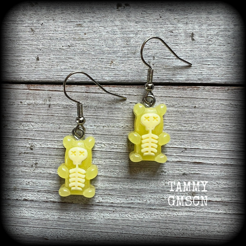 Yellow skeleton gummy bear earrings-Halloween earrings
