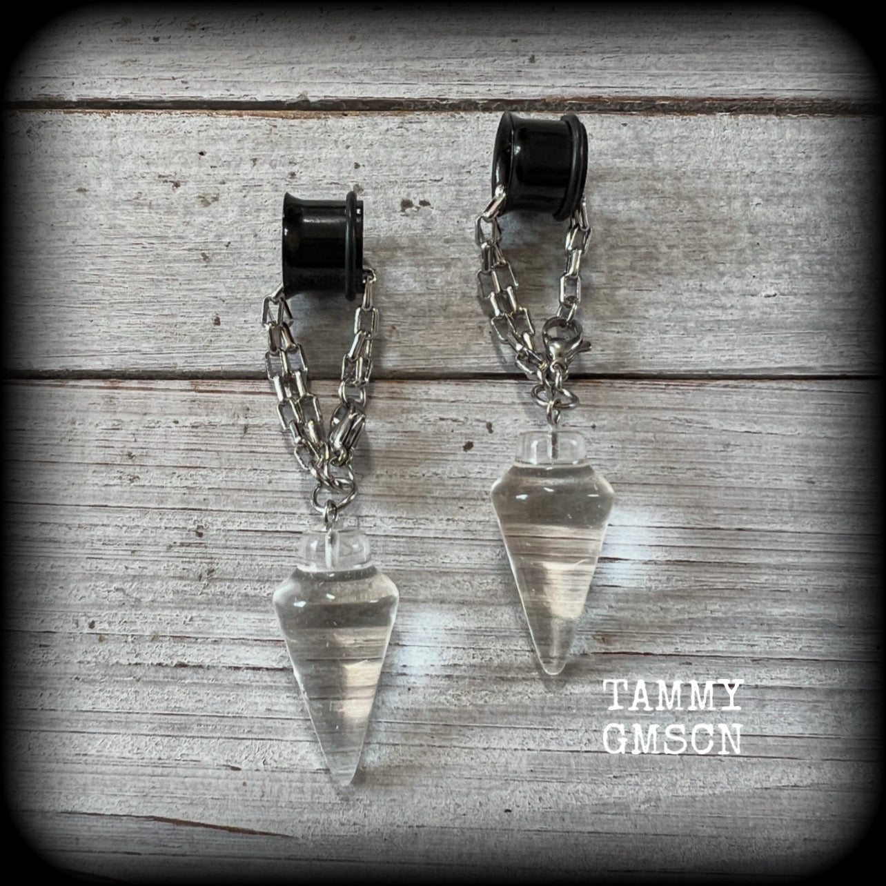 Clear quartz pendulum gemstone tunnel dangles-TUNNELS INCLUDED
