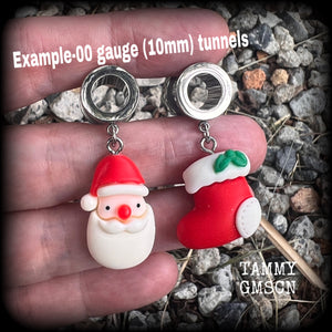 Santa claus 00 gauge tunnels Secret santa Stocking stuffers Christmas stocking Santa stocking ear gauges Gauged earrings Stretched lobes Gauged ears Ear hangers Christmas gifts Christmas plugs Xmas 4mm 6mm 8mm 10mm 12mm 14mm 16mm 19mm 22mm 25mm 28mm 