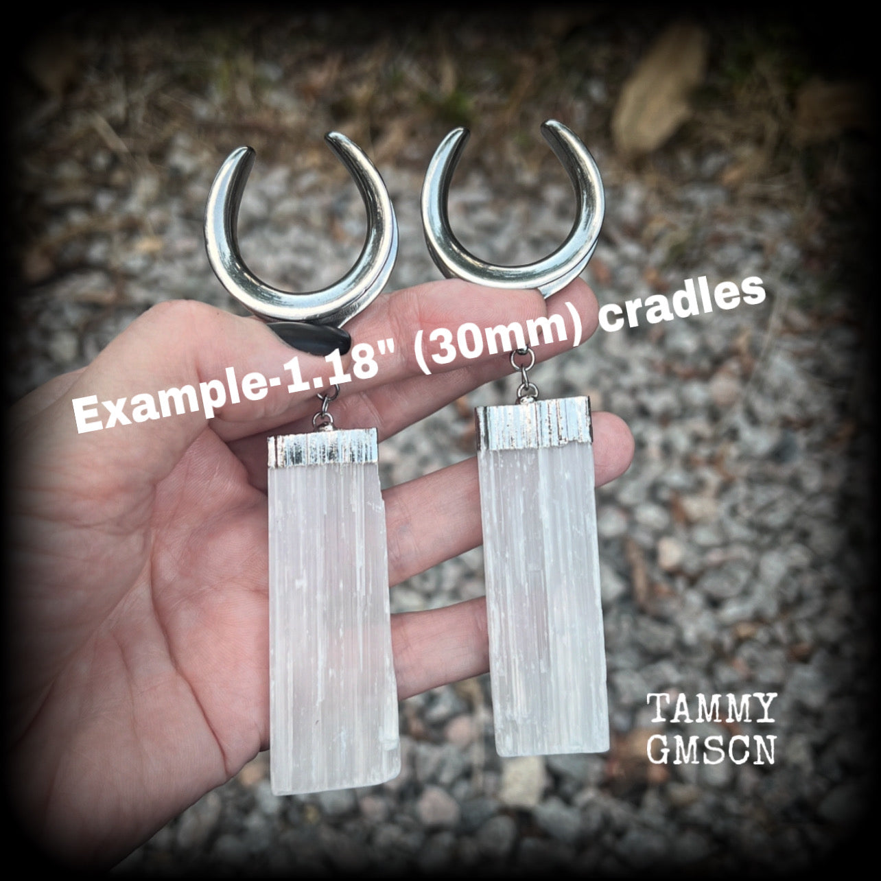 Featuring the biggest selenite pieces we could get our hands on, these earrings are big and beautiful, measuring just on 12cms from tip to tip, and weighing approx 33 grams each.

This pair have been made on 1.18” gauge (30mm) surgical steel cradles, to be worn in stretched lobes.
