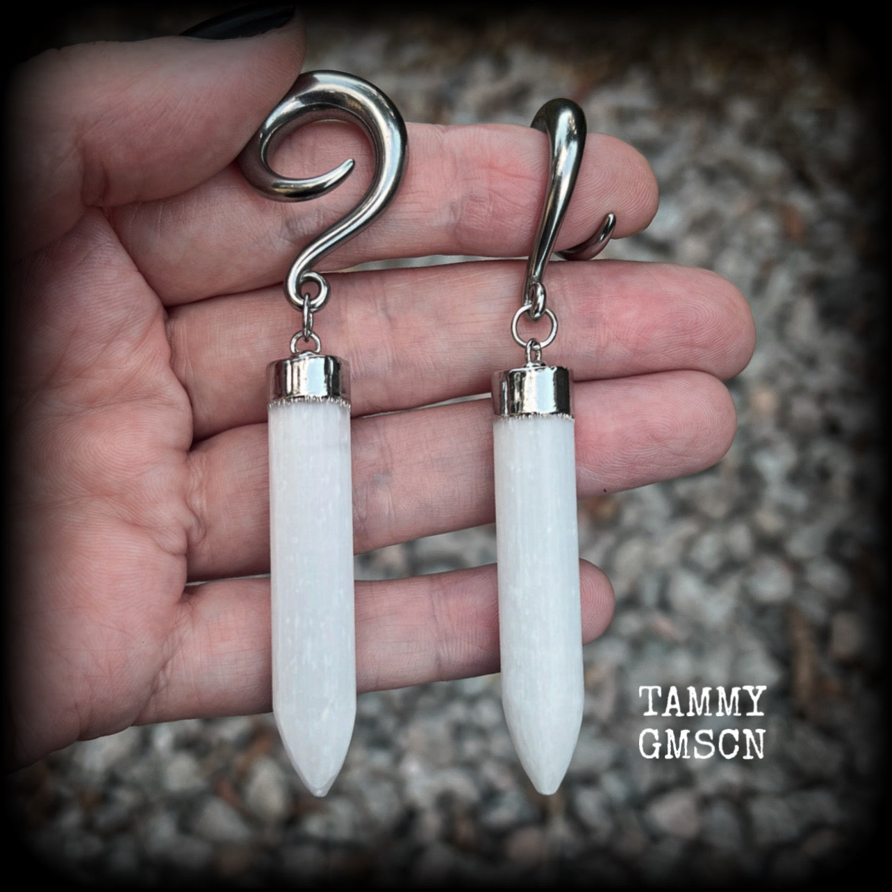These beautiful gauged earrings feature gorgeous selenite points, measuring just over 9cms from tip to tip, and weighing approx 17 grams each.

This pair have been made on 2 gauge (6mm) surgical steel full curl hooks, to be worn in stretched lobes.
