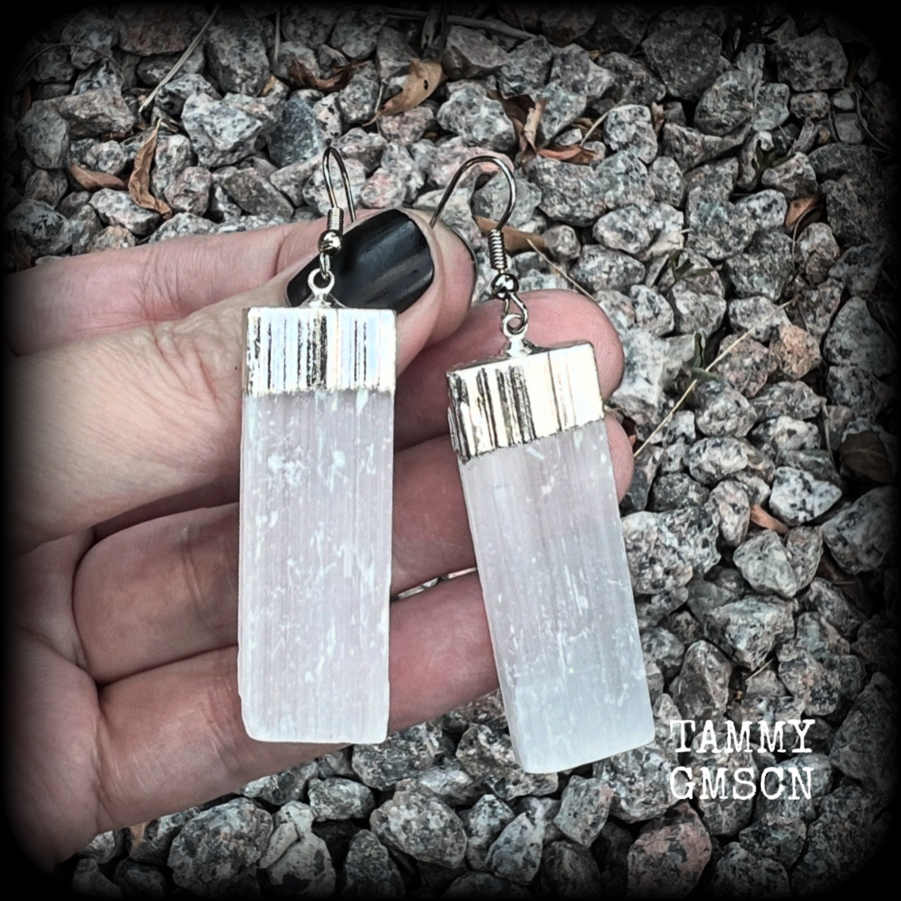This pair has been made on stainless steel french hooks, suitable for pierced ears, are nice and dangly, measuring just under 7cms from tip to tip, and weighing approx 8 grams each.
