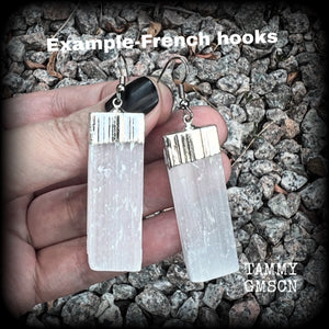 This pair has been made on stainless steel french hooks, suitable for pierced ears, are nice and dangly, measuring just under 7cms from tip to tip, and weighing approx 8 grams each.
