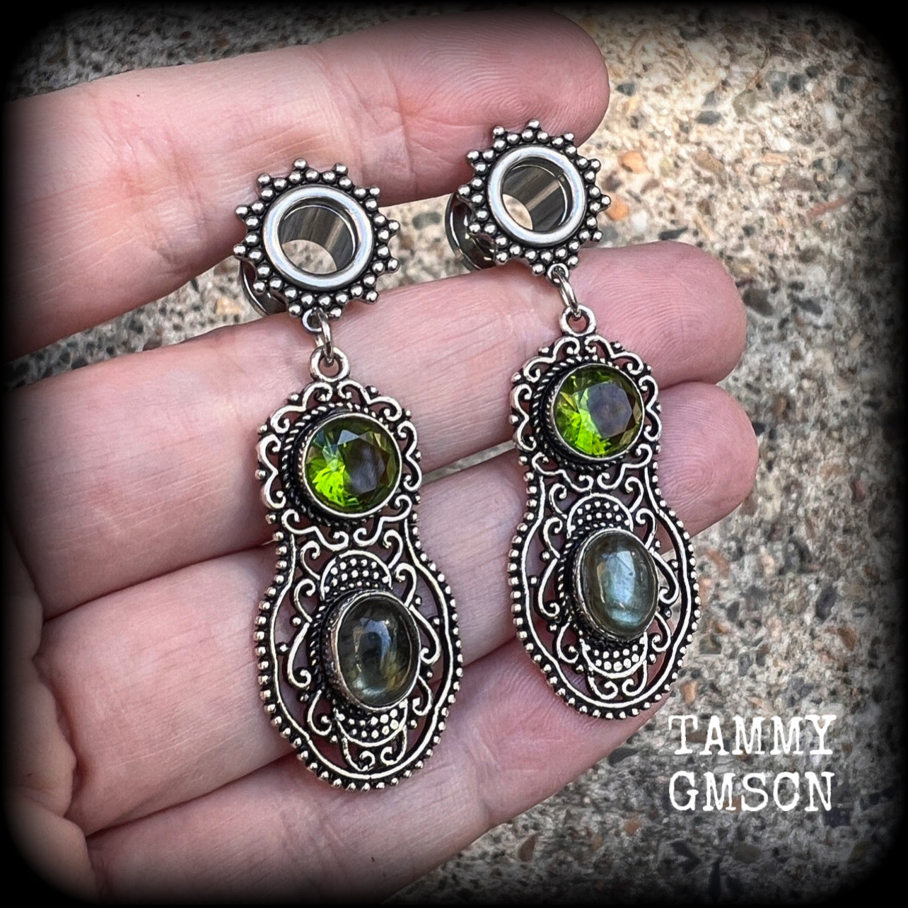 Peridot tunnel earrings Gemstone tunnel dangles 10mm  12mm  14mm  16mm  19mm tunnels 22mm 25mm Tunnel earrings Tunnel dangles Plugs Plug earrings Gemstone tunnels Gemstone plugs Ear gauges Stretched ears Stretched Lobes Gemstone body jewelry 