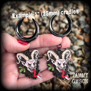 Krampus ear weights earrings Christmas earrings Halloween ear gauges Yultide Yule earrings Horned god Gothic Winter solstice Pagan Folklore Fairy tales Mythology Mythological beasts Fairytales 4mm 6mm 8mm 10mm 12mm 14mm 16mm 19mm 22mm 25mm 28mm 30mm 