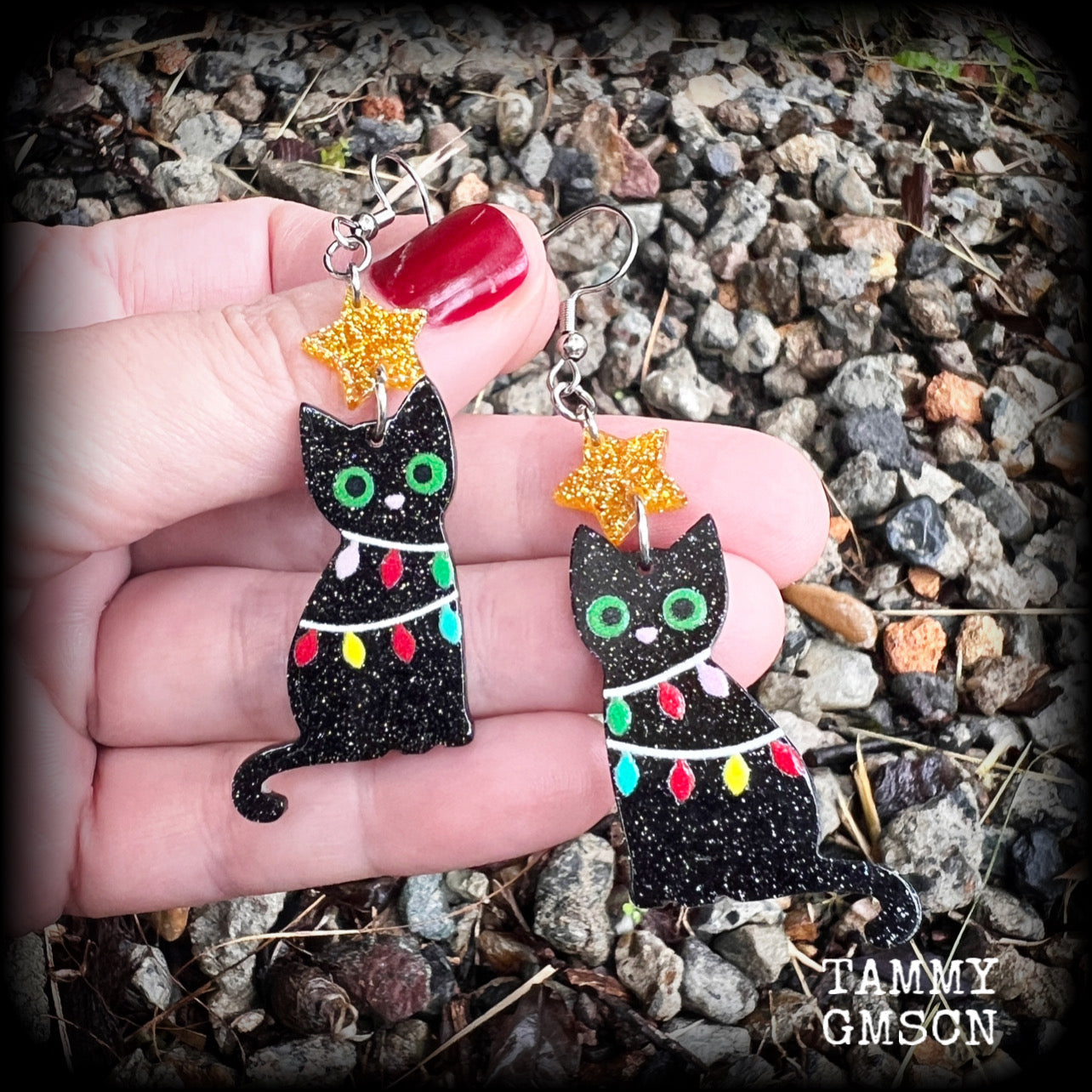 Christmas tree earrings Pet earrings Gothic Christmas earrings Black cat earrings Stocking stuffers Spooky cute Crazy cat lady earrings Acrylic earrings Festive season Yule Summer solstice jewelry Yuletide earrings Pierced ears Clip  Gifts for goths