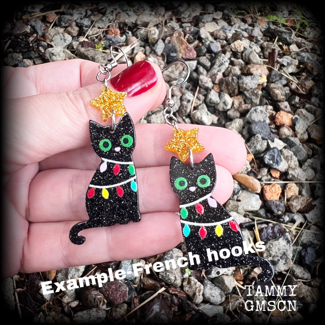 Christmas tree earrings Pet earrings Gothic Christmas earrings Black cat earrings Stocking stuffers Spooky cute Crazy cat lady earrings Acrylic earrings Festive season Yule Summer solstice jewelry Yuletide earrings Pierced ears Clip  Gifts for goths