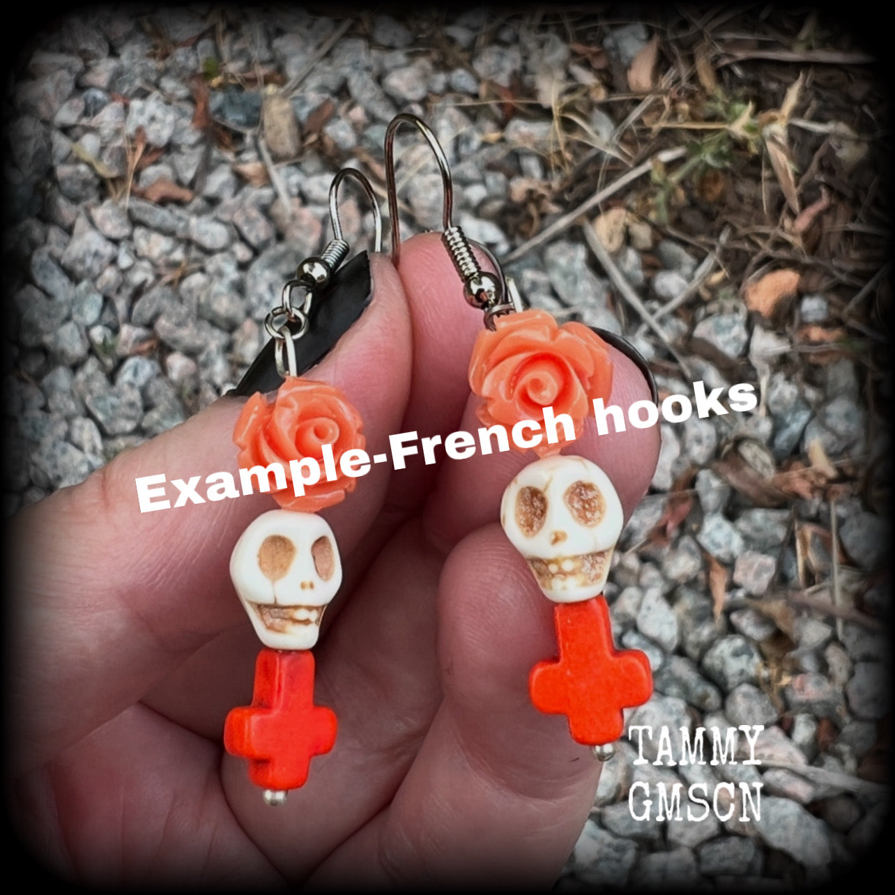 This pair of beautiful earrings features gorgeous pumpkin spice coloured roses and crosses with bone white howlite stone skulls. Measuring just under 6cms from tip to tip and weighing only a gram or two each, these are lovely and lightweight, and nice and dangly.  This pair have been made with stainless steel french hooks, for pierced ears.