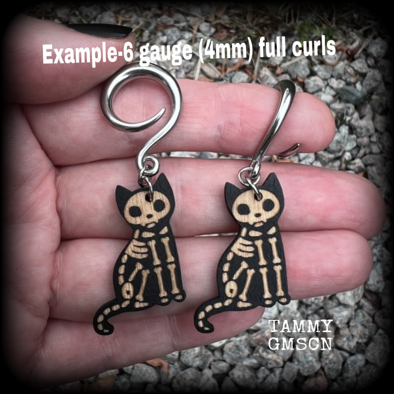 Skeleton cat gauged earrings-Wood Halloween ear gauges