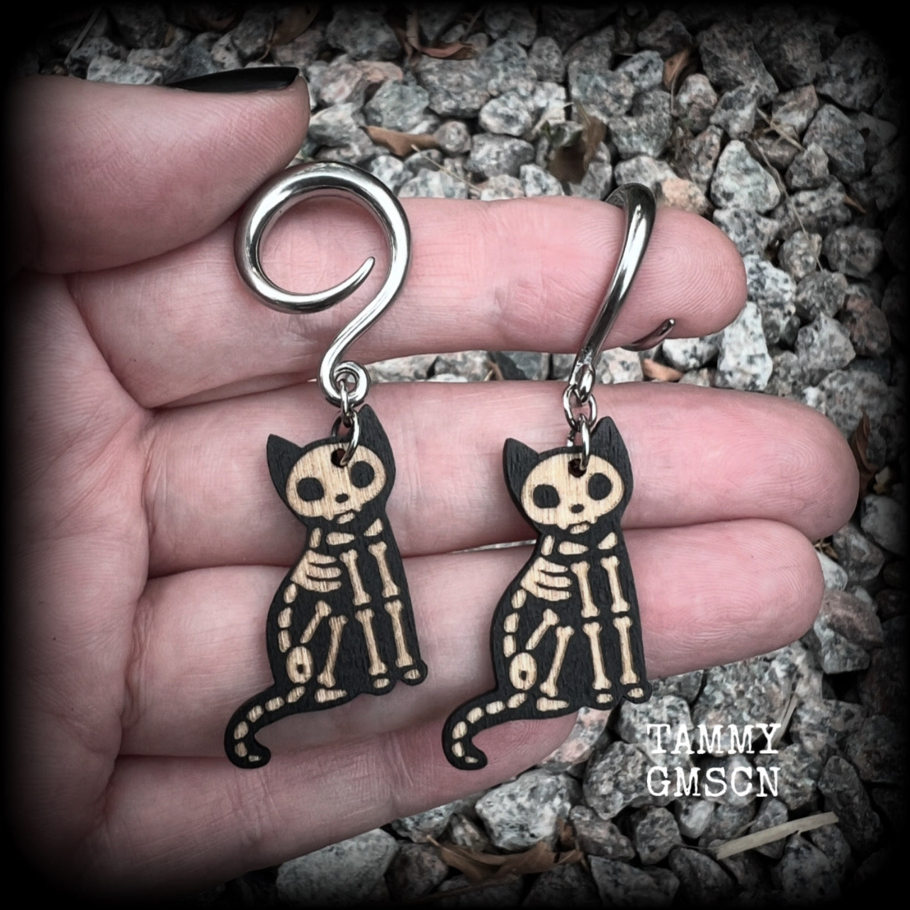 Skeleton cat gauged earrings-Wood Halloween ear gauges