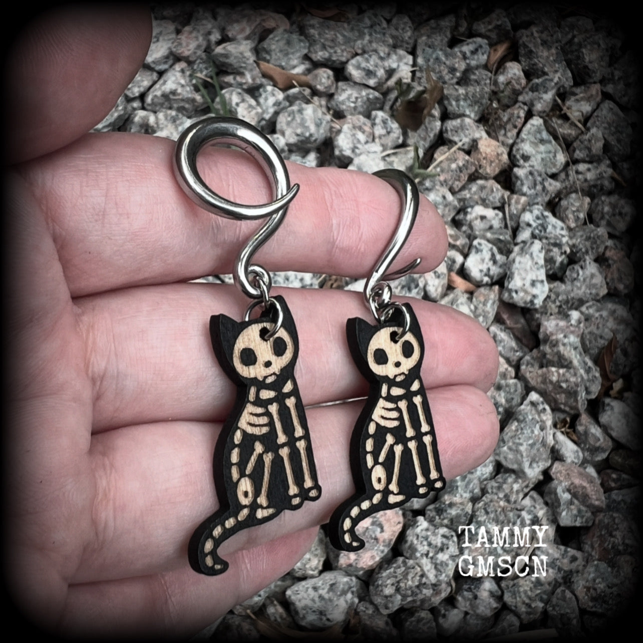 Skeleton cat gauged earrings-Wood Halloween ear gauges