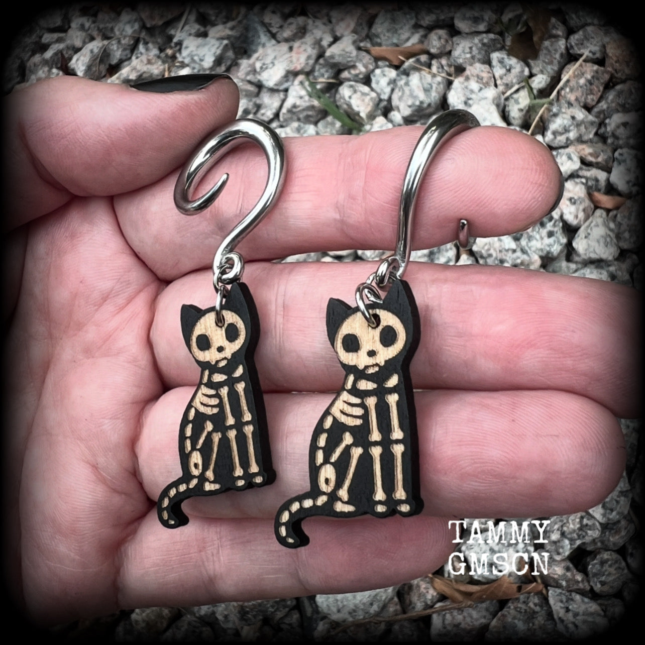 Skeleton cat gauged earrings-Wood Halloween ear gauges