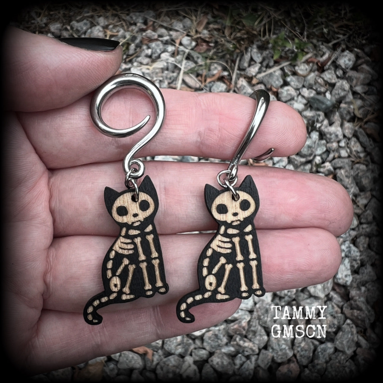 Skeleton cat gauged earrings-Wood Halloween ear gauges