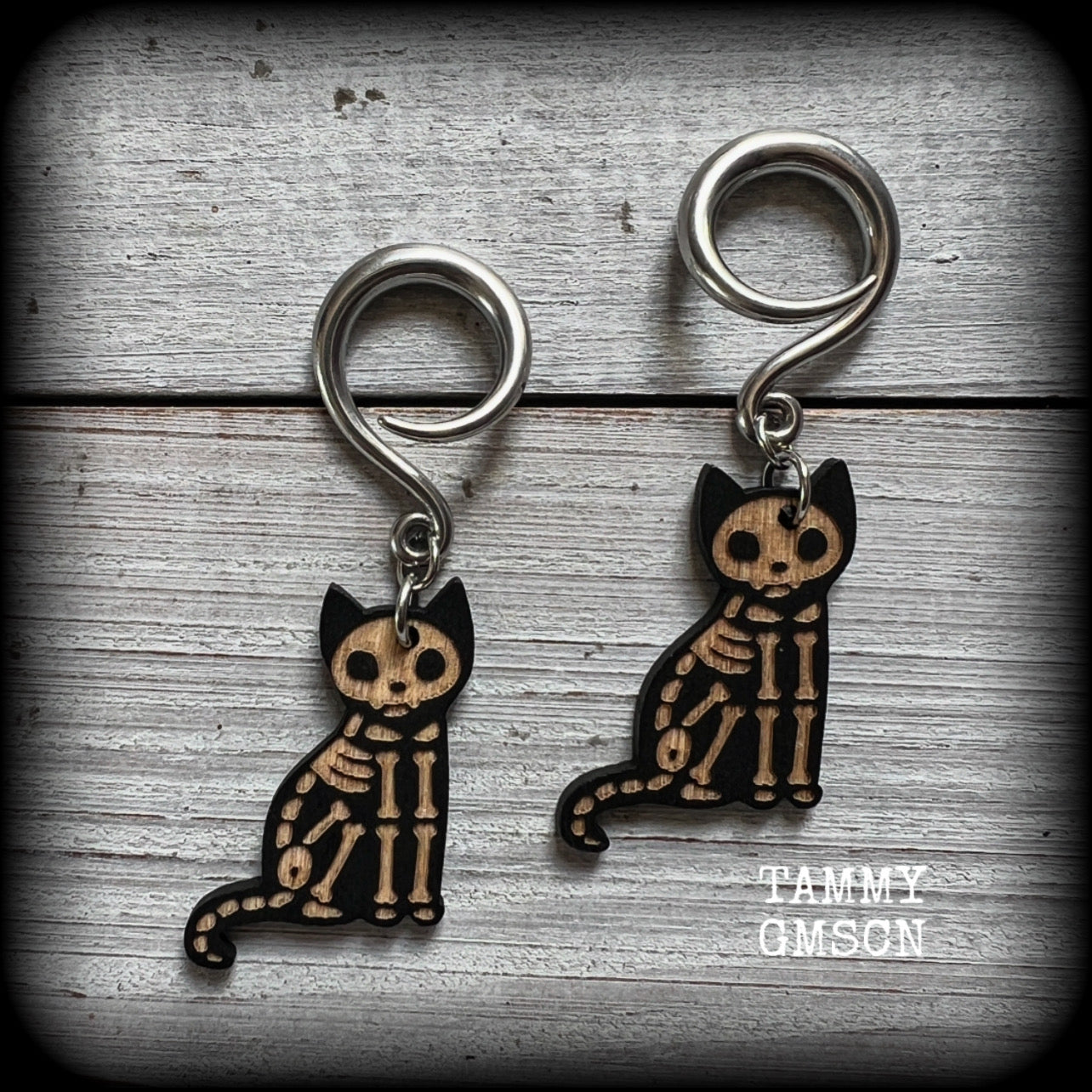 Skeleton cat gauged earrings-Wood Halloween ear gauges