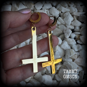 These beautiful earrings feature super shiny stainless steel inverted crosses, measuring approx 7cms from tip to tip, and are nice and light weight, at 8 grams each.

This pair have been made on huggies-suitable for pierced ears.