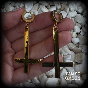 These beautiful earrings feature super shiny stainless steel inverted crosses, measuring approx 7cms from tip to tip, and are nice and light weight, at 8 grams each.

This pair have been made on huggies-suitable for pierced ears.