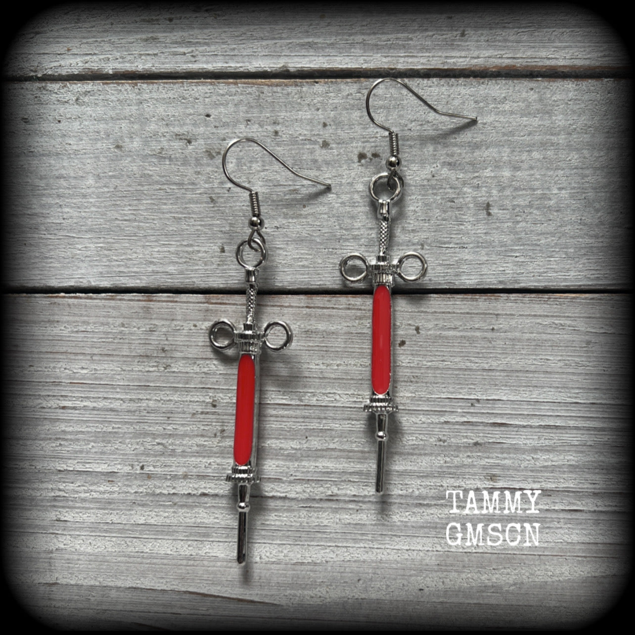 Featuring lightweight antique and red enamel Victorian ear medical syringes, these earrings are lovely and petite, measuring just under 8cms from tip to tip and weigh only a gram or two each.
