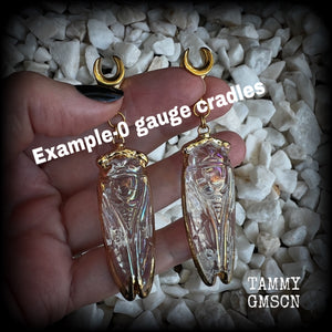 Clear quartz cicada gauged earrings-Insect ear weights