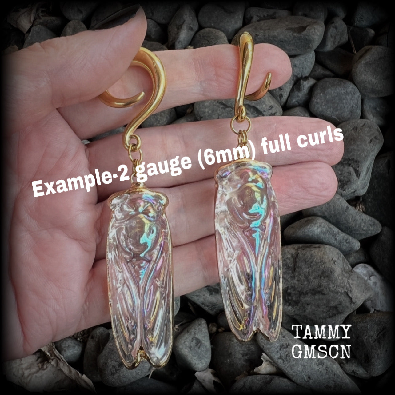 Clear quartz cicada gauged earrings-Insect ear weights